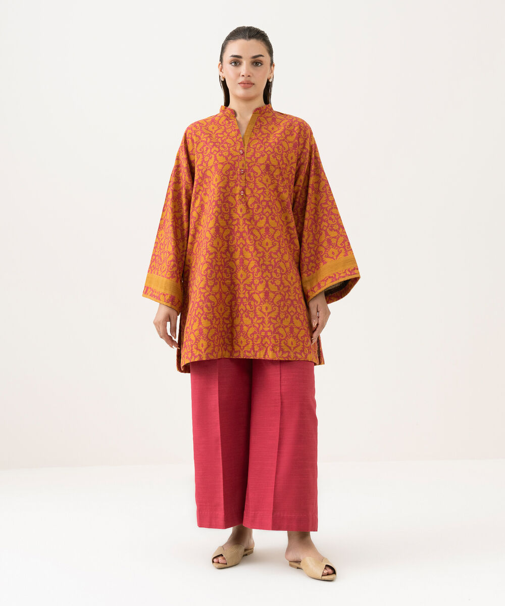Women's Unstitched Cotton Printed Orange 2 Piece Suit