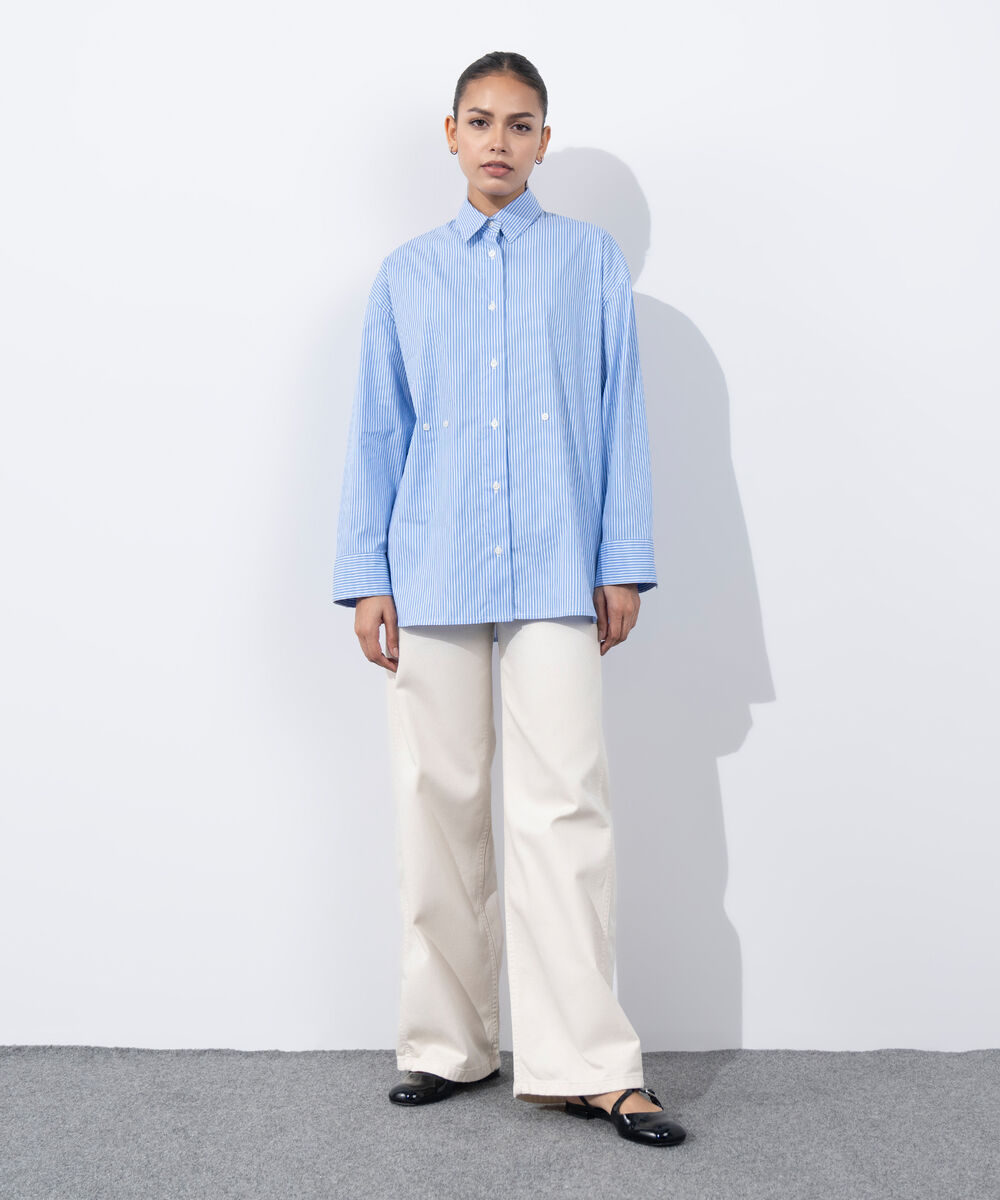 Women's Western Wear Blue Cinched Waist Button Through Shirt