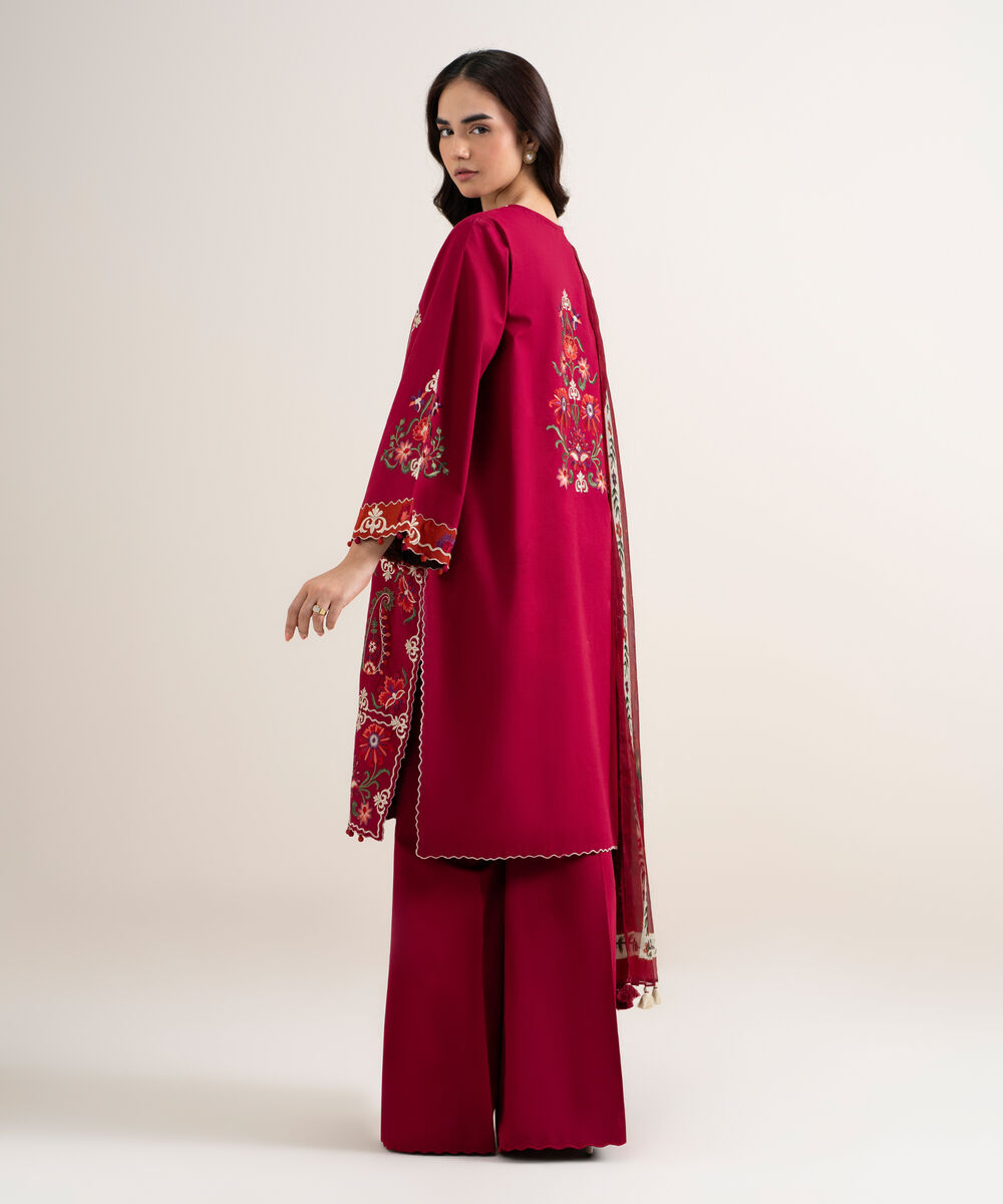Women's Unstitched Dobby Embroidered Red 3 Piece Suit