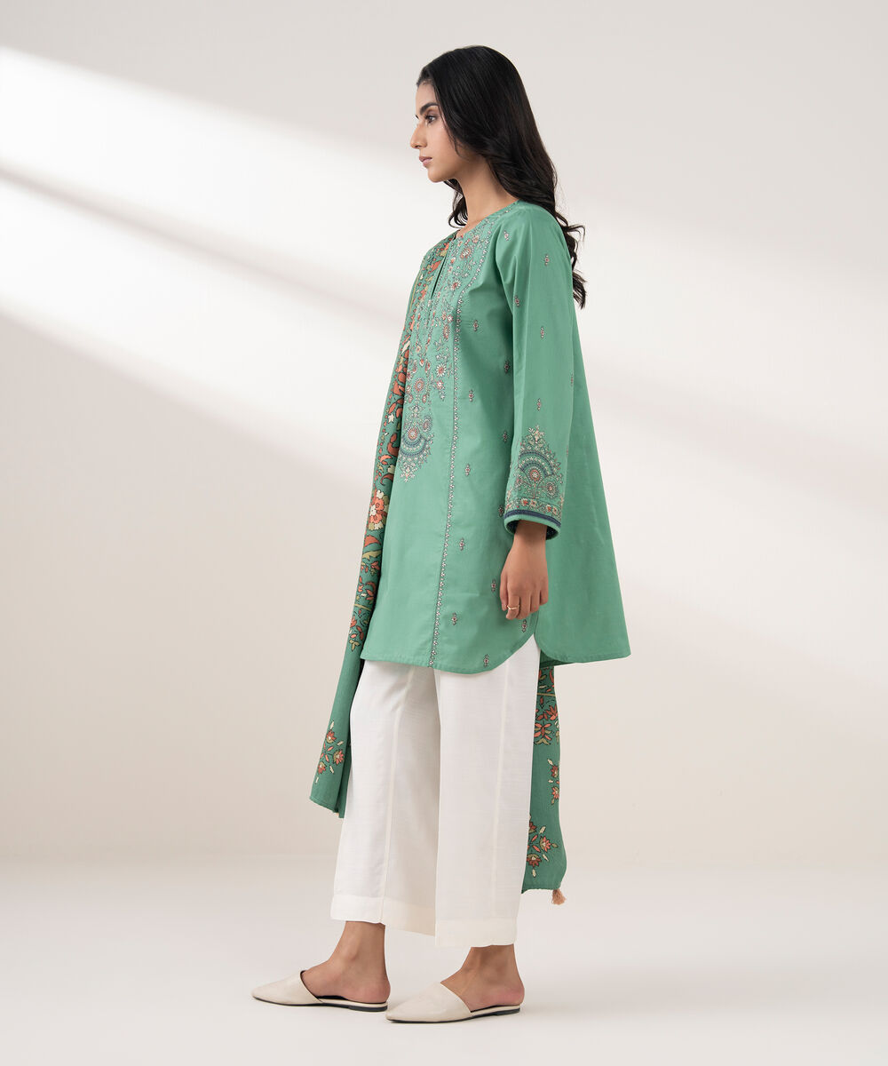 Women's RTW Cotton Embroidered Green 2 Piece Suit