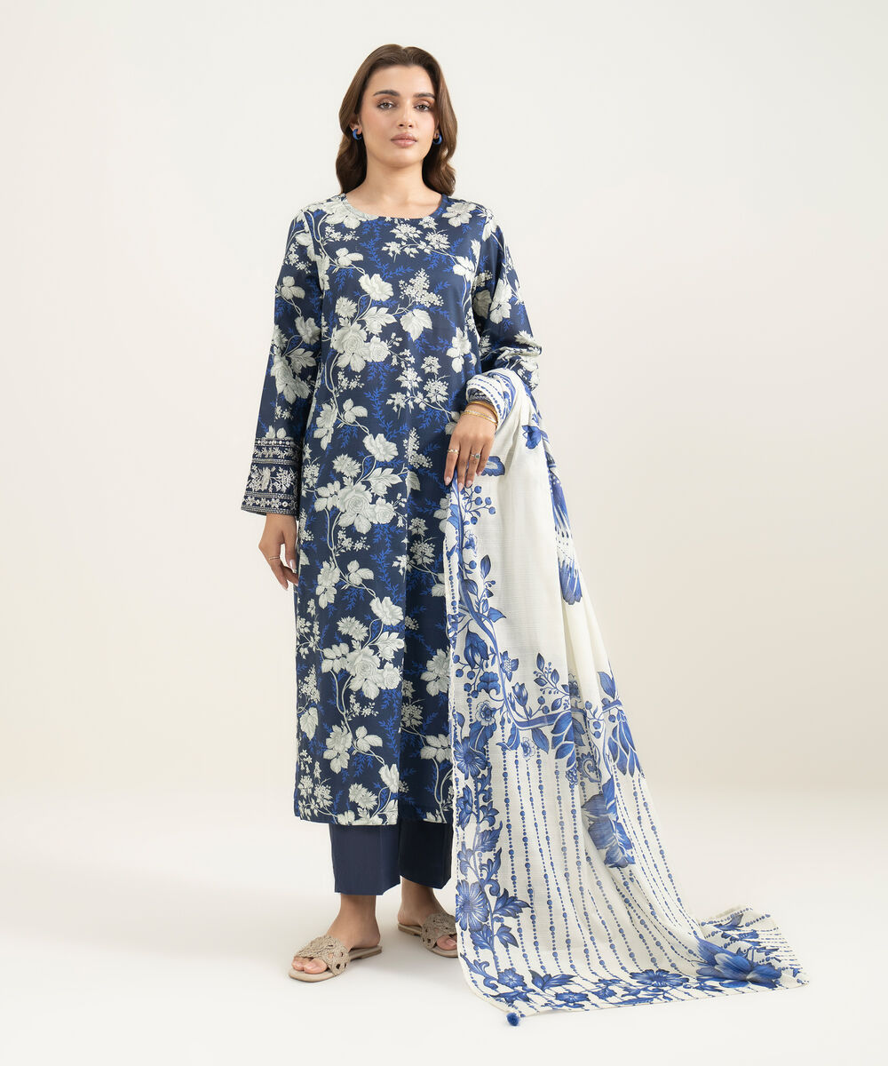Women's RTW Slub Lawn Embroidered Blue 3 Piece Suit