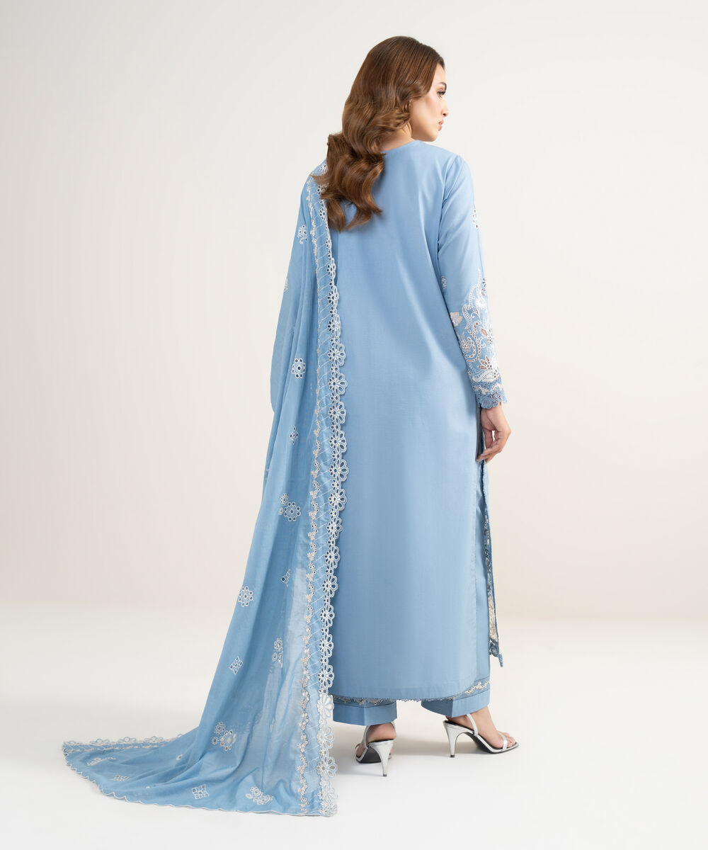 Women's Unstitched Lawn Embroidered Blue 3 Piece Suit