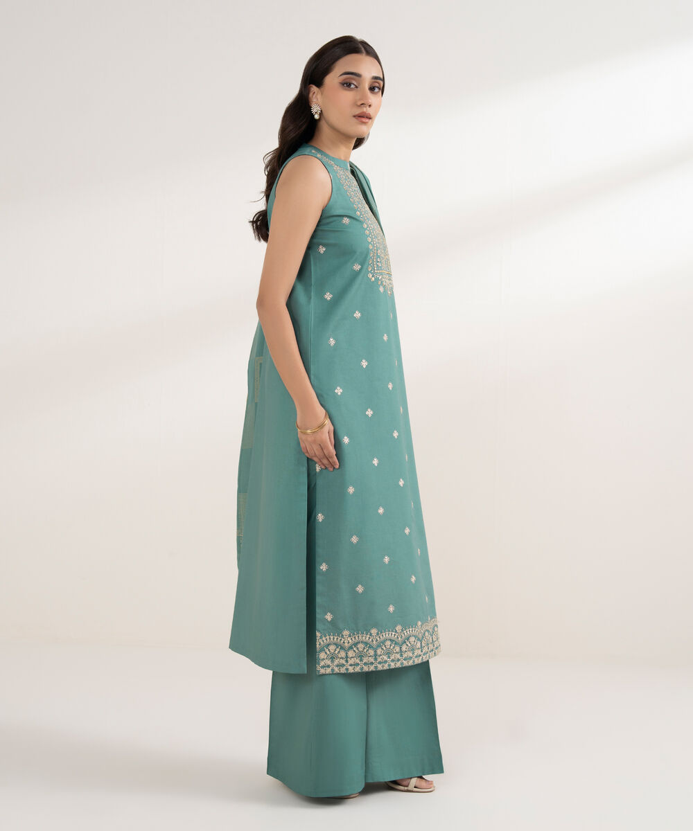Women's Unstitched Cotton Embroidered Green 3 Piece Suit