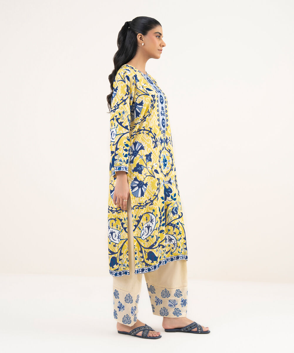 Women's RTW Arabic Lawn Lime Yellow Printed Straight Shirt