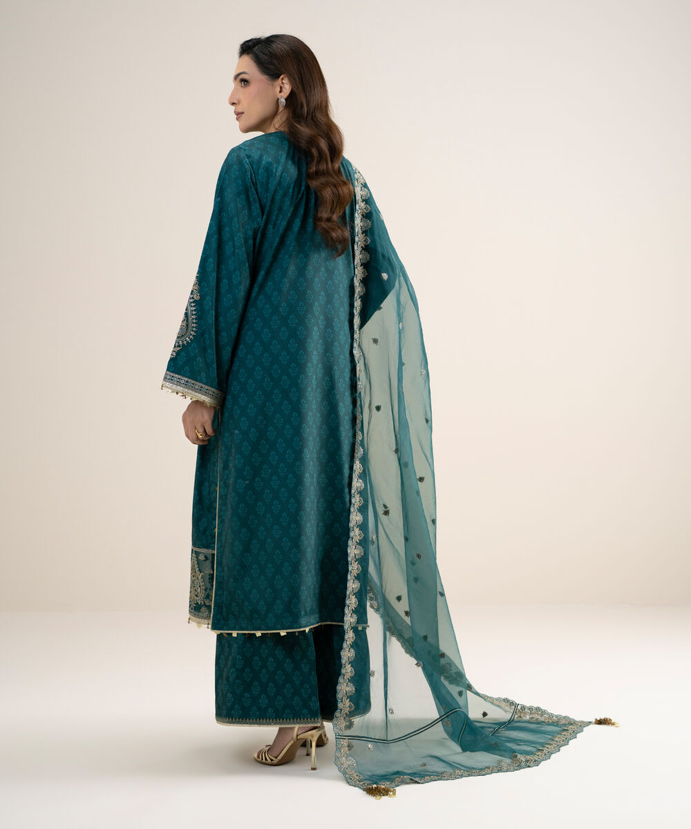 Women's Unstitched Printed Blended Grip Silk Green 3 Piece Suit