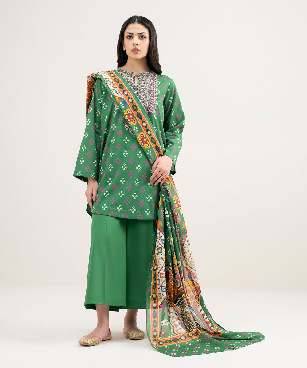 Women's RTW Lawn Embroidered Green Straight Shirt
