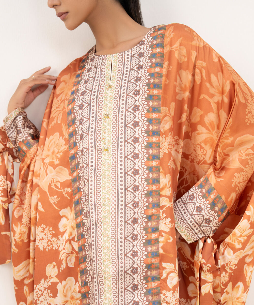 Women's RTW Blended Satin Brown Printed 2 Piece Suit