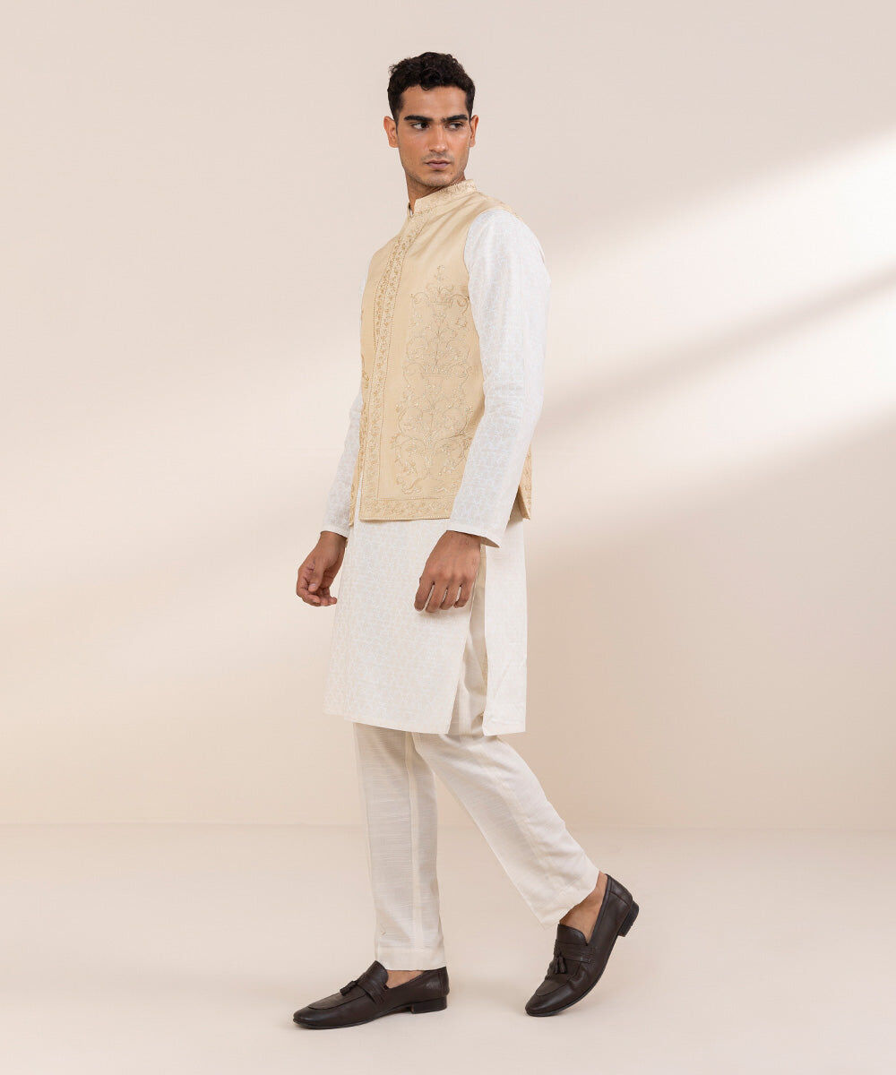 Man - Beige Embroidered Raw Silk Waistcoat