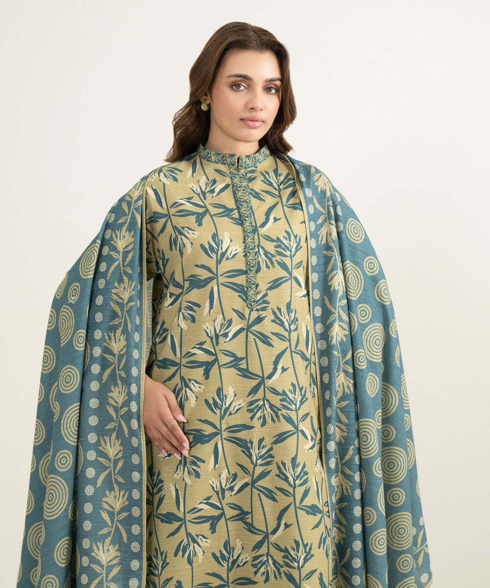 Women's Three Piece Beige and Blue Khaddar Embroidered Suit