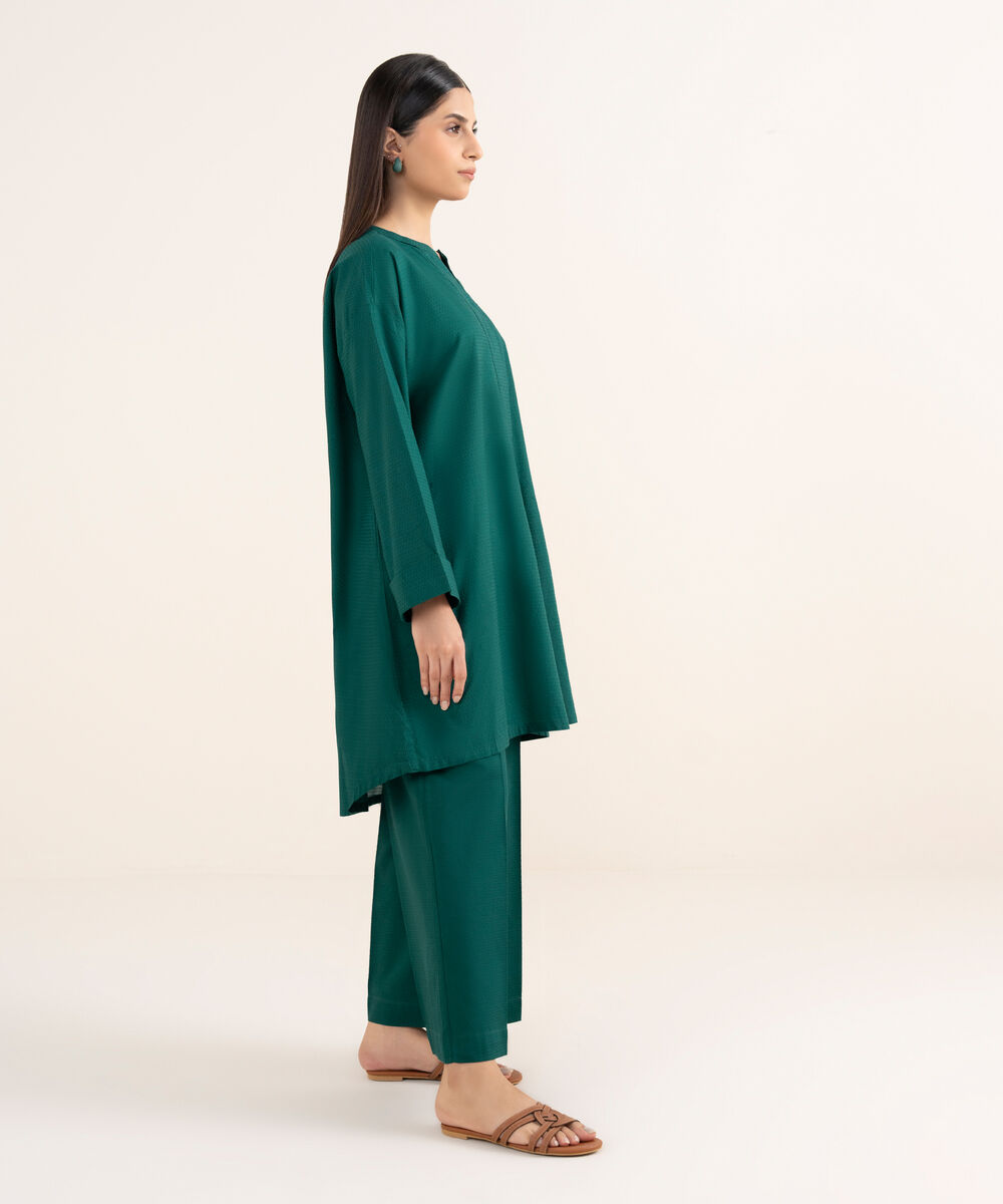 Women's RTW Textured Lawn Green Solid Boxy Shirt