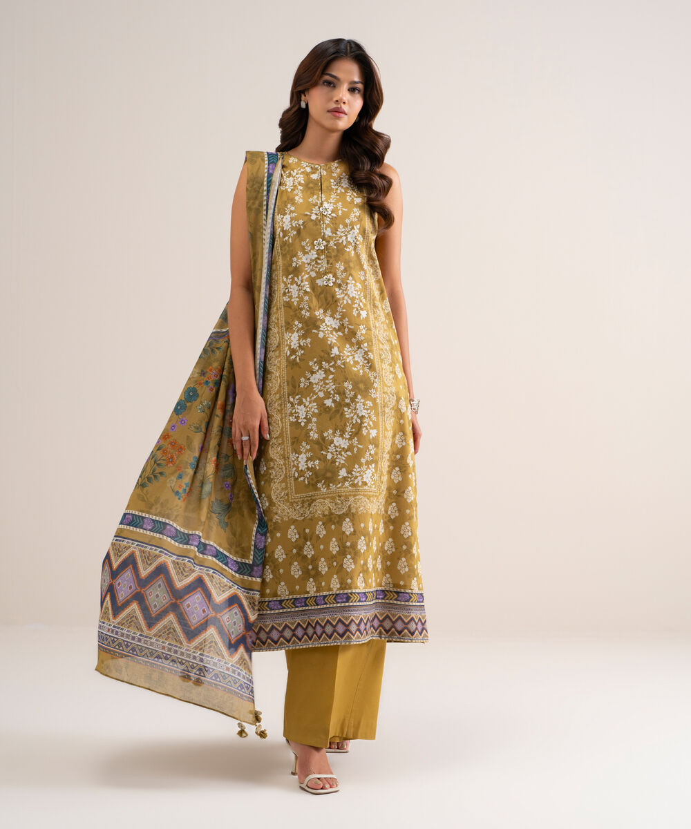 Women's Unstitched Printed Lawn Mustard 3 Piece Suit