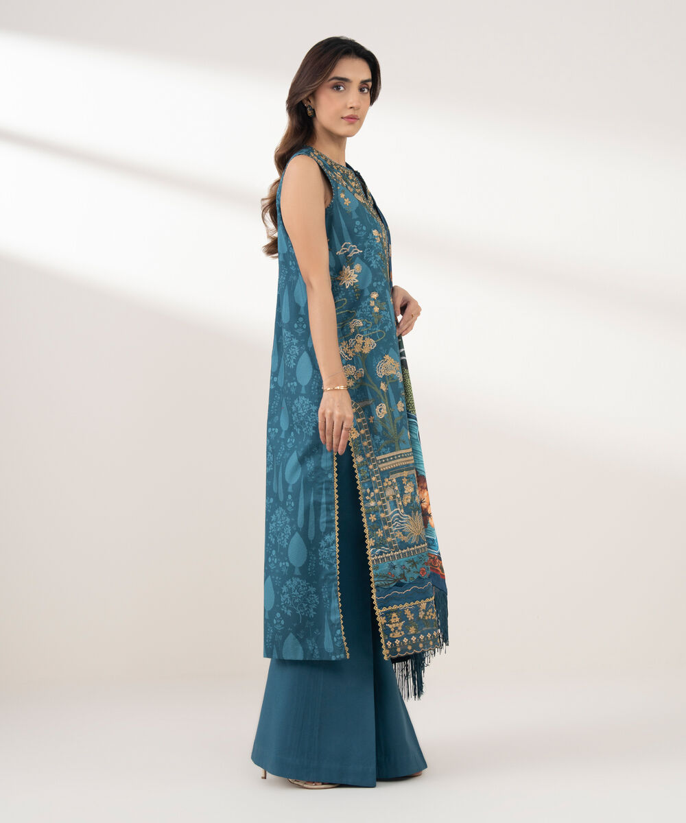 Women's Unstitched Cotton Embroidered Blue 3 Piece Suit