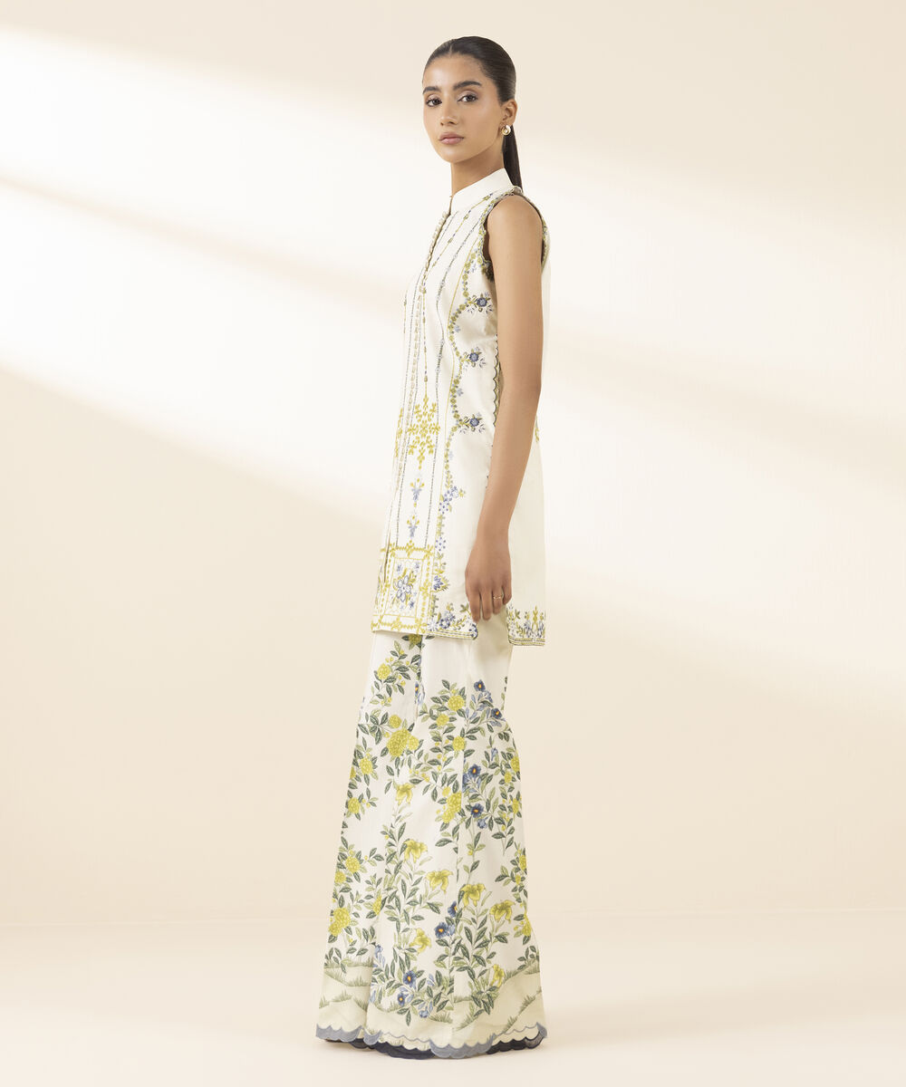 Unstitched Women's Off White Textured Lawn Shirt Trousers