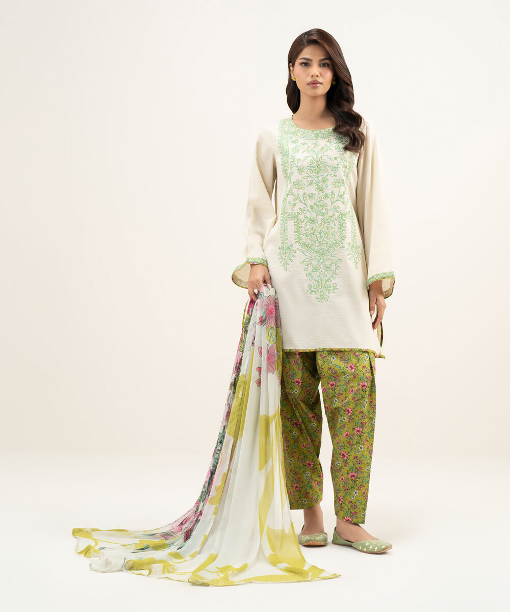 Women's RTW Dobby Embroidered Off White 3 Piece Suit