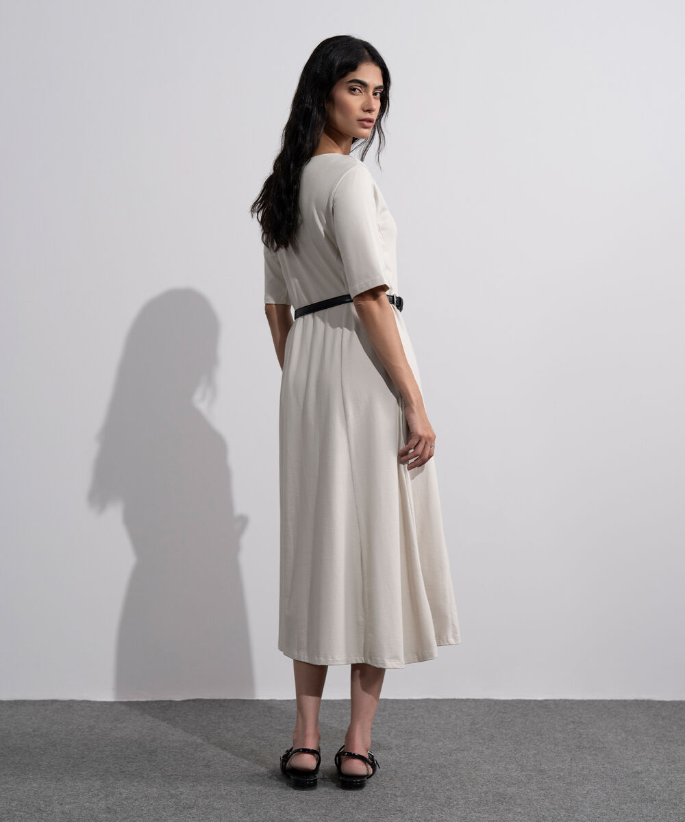 Women's Beige Flared Panelled Midi Dress