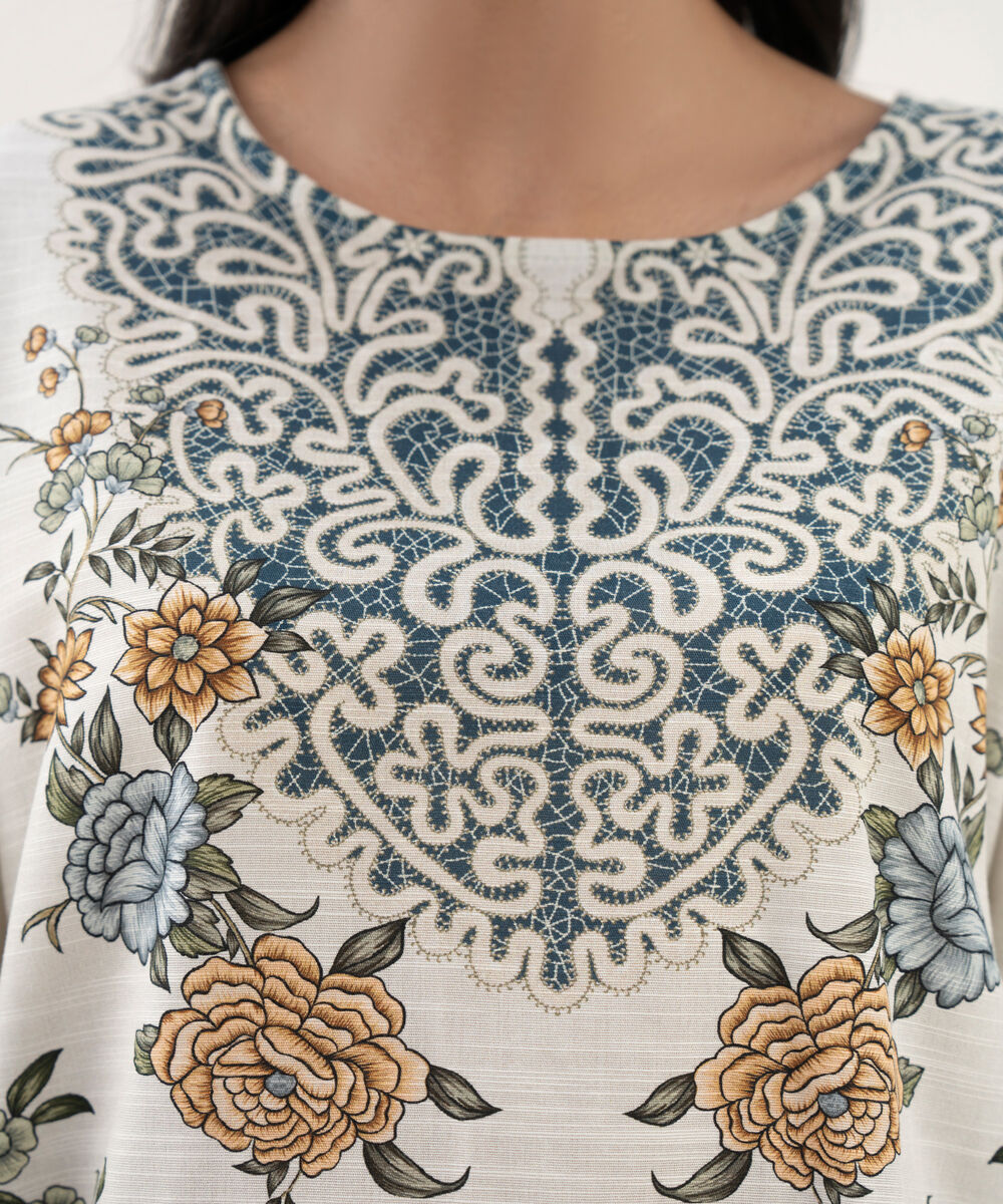 Women's RTW Khaddar Printed A-Line White Shirt