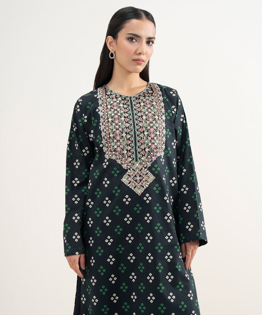 Women's RTW Slub Lawn Embroidered Black Straight Shirt