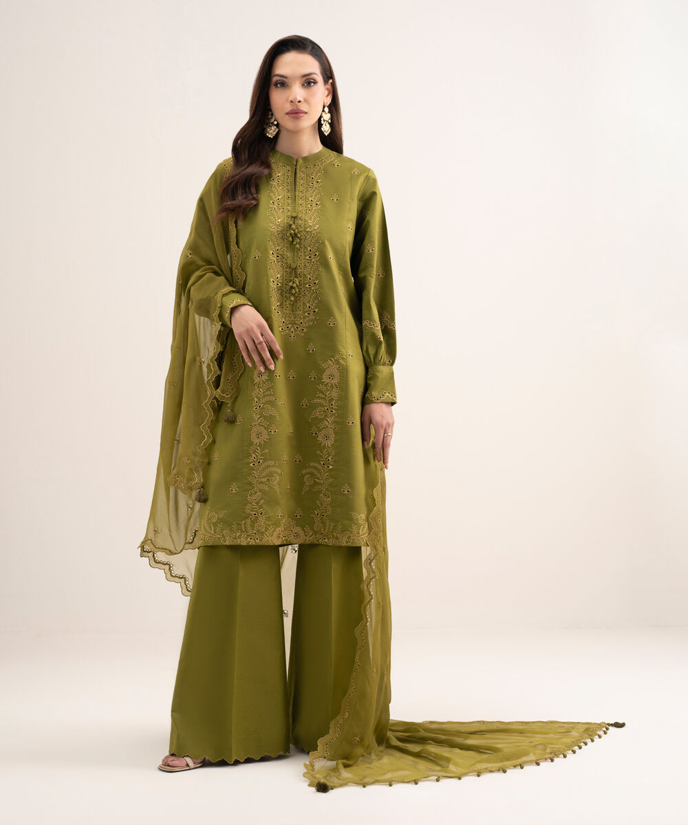 Women's Unstitched Textured Lawn Embroidered Green 3 Piece Suit