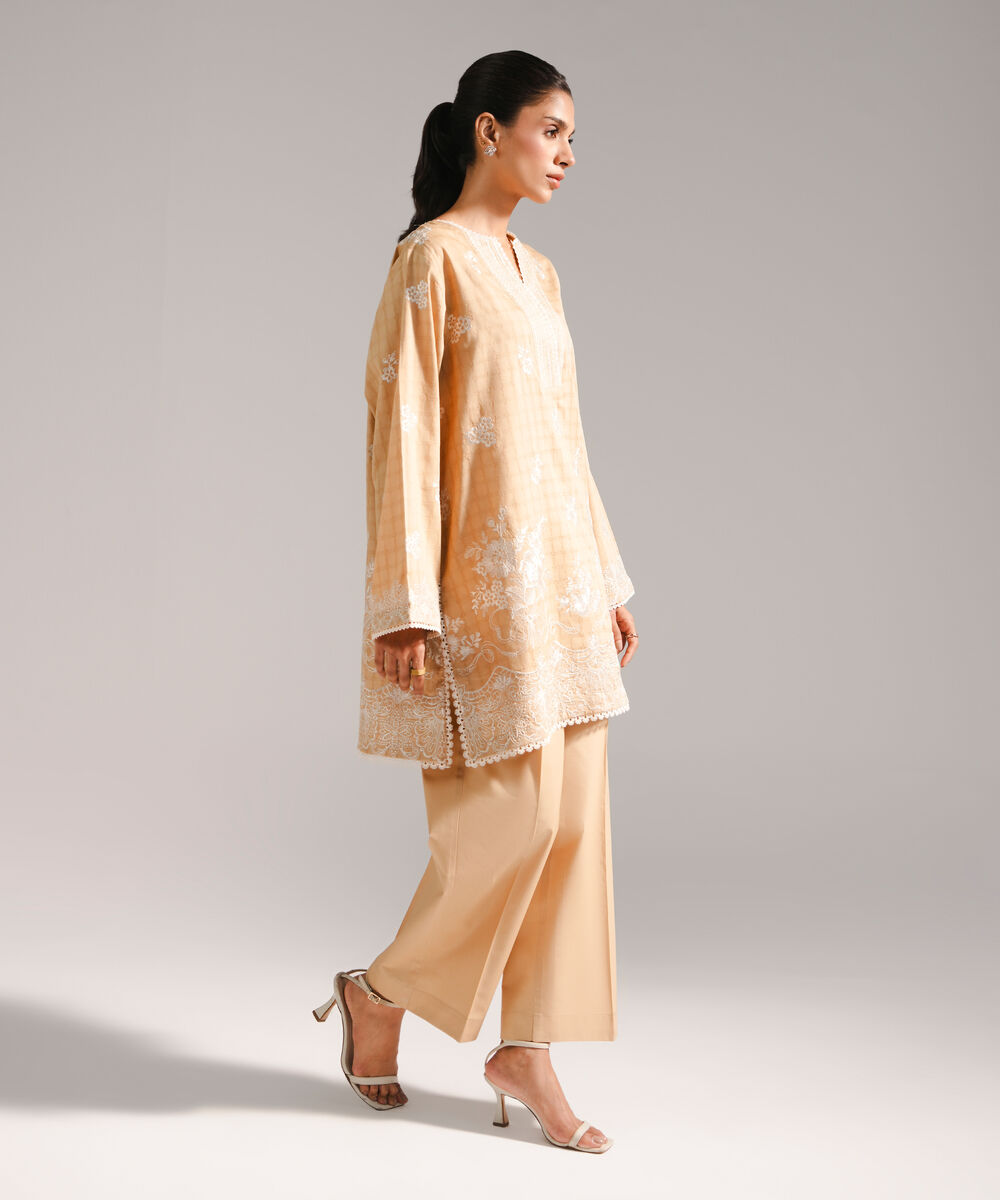 Women's RTW Dobby Embroidered Straight Beige Shirt