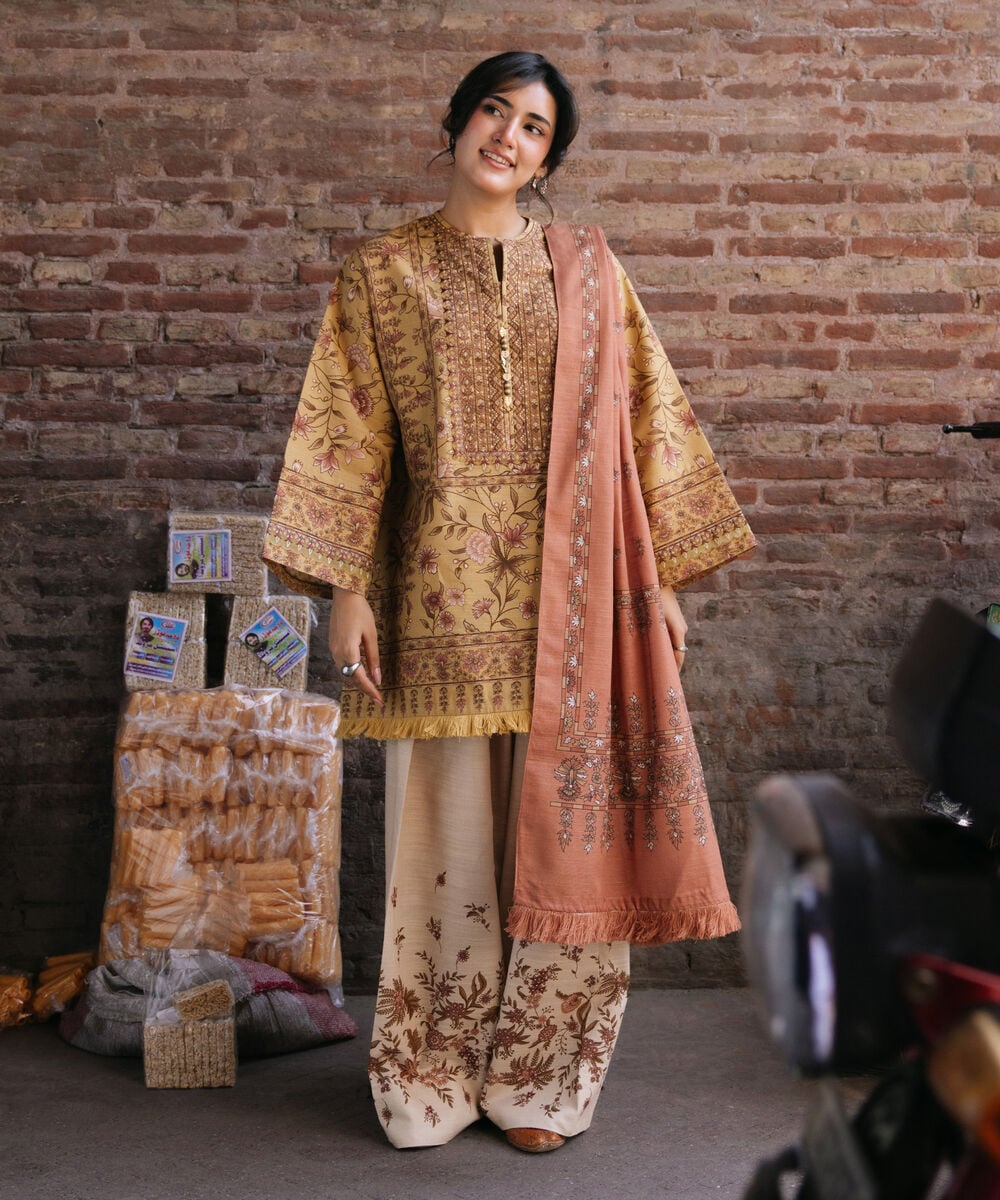 Women's Unstitched Premium Khaddar Printed Yellow 3 Piece Suit