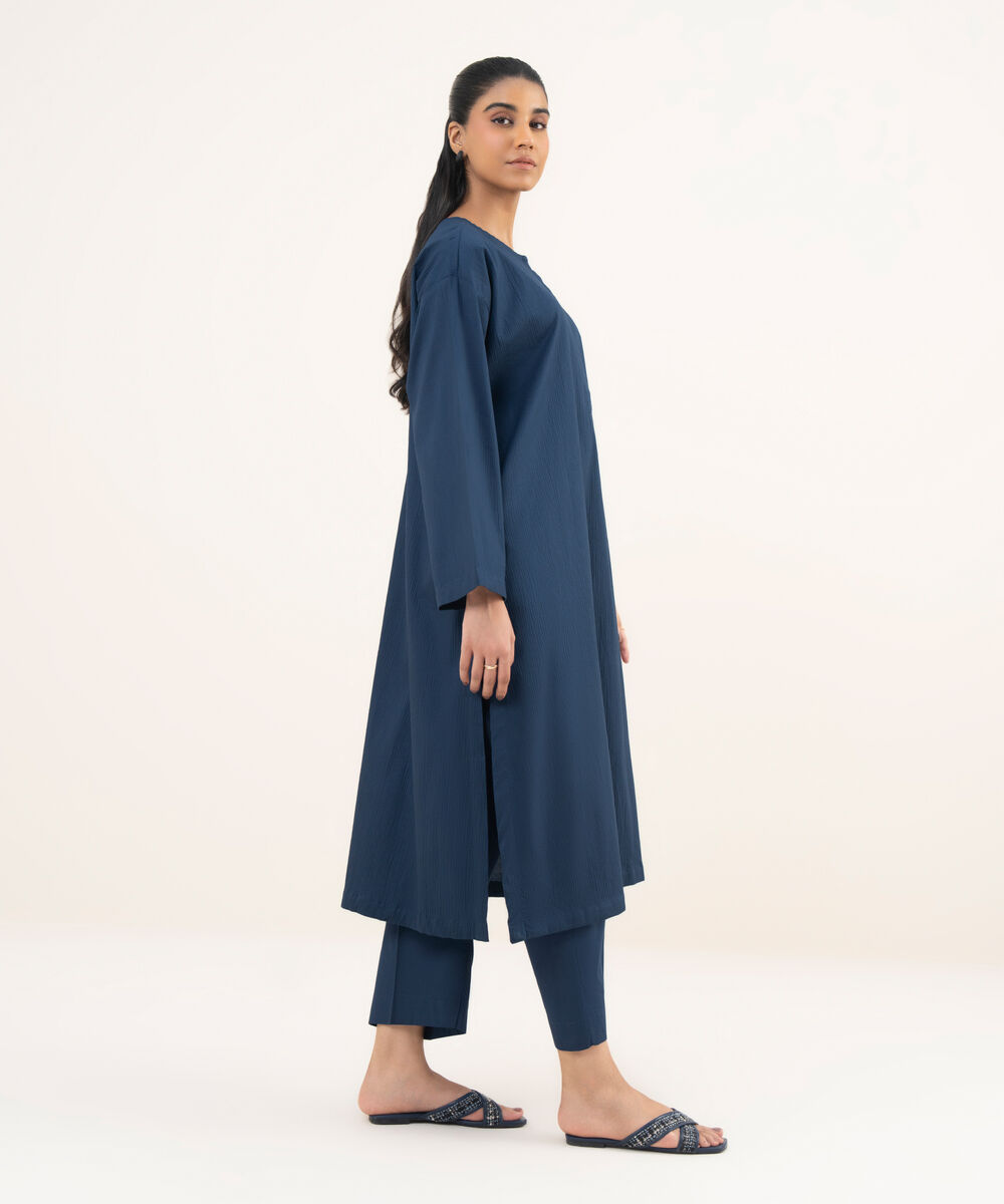 Women's RTW Seersucker Blue Solid A-Line Shirt