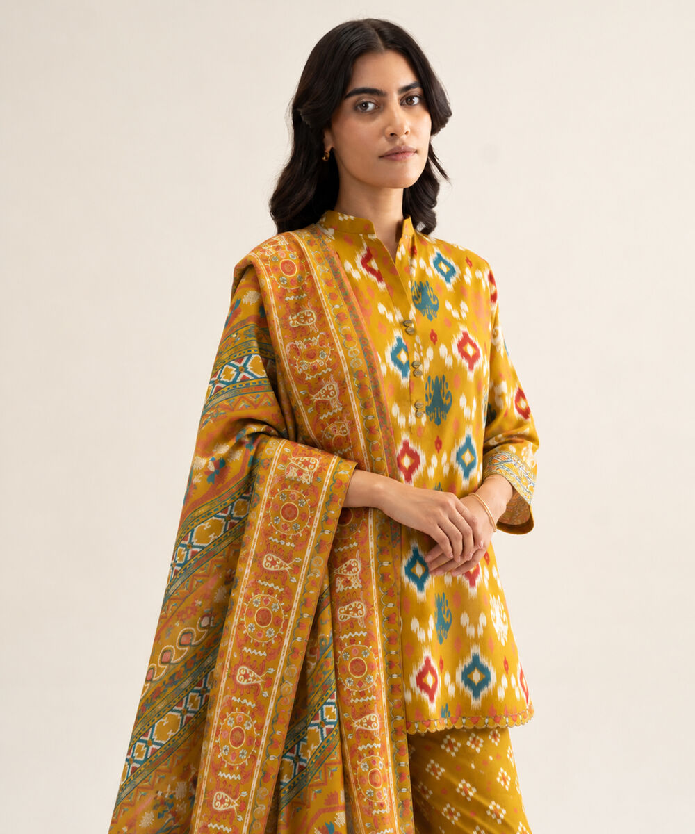 Women's Unstitched Cotton Printed Mustard 3 Piece Suit