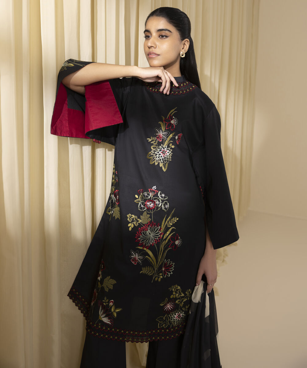 Unstitched Women's Black Textured Lawn 3 Piece Suit