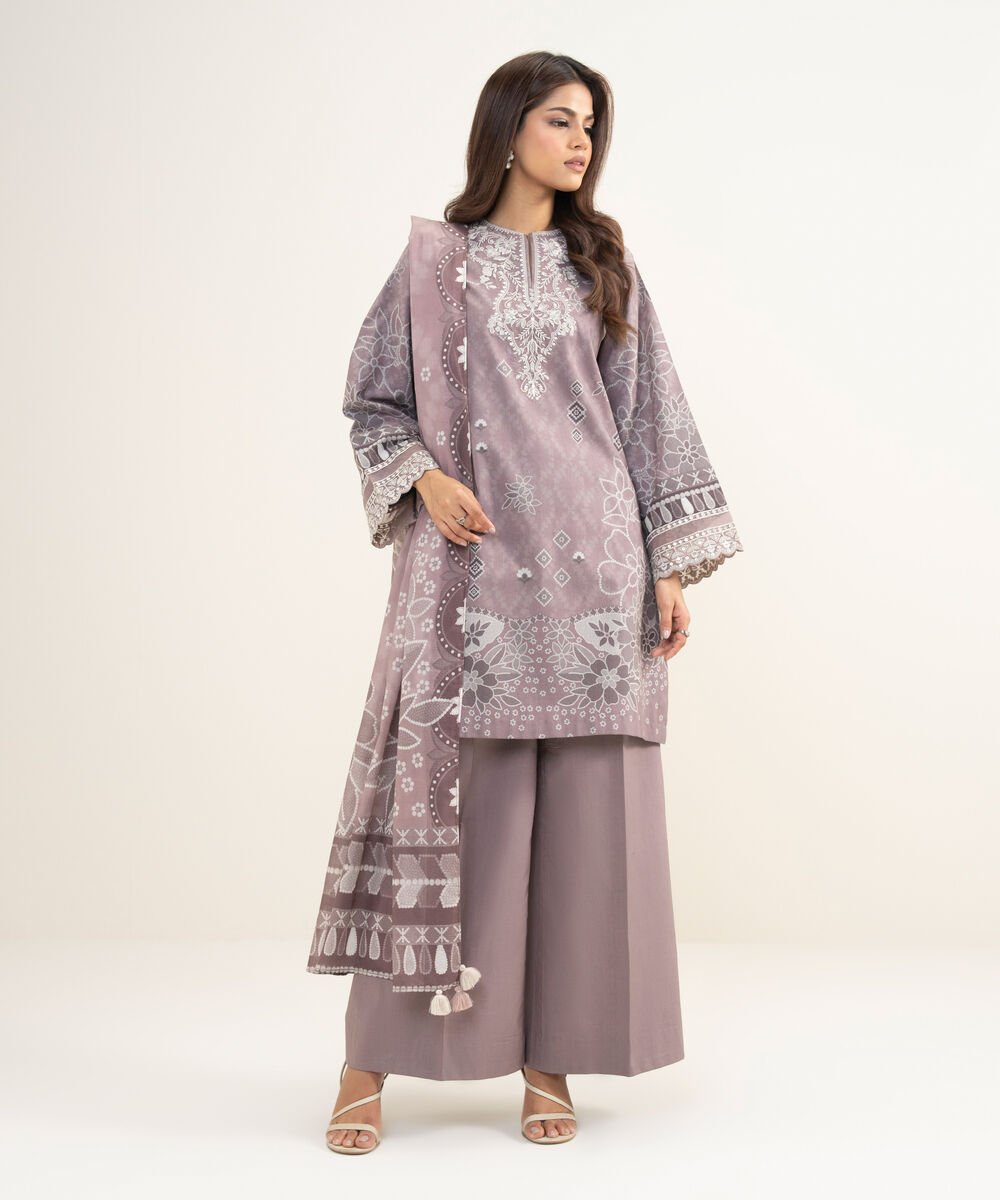 Women's Unstitched Lawn Embroidered Purple 3 Piece Suit