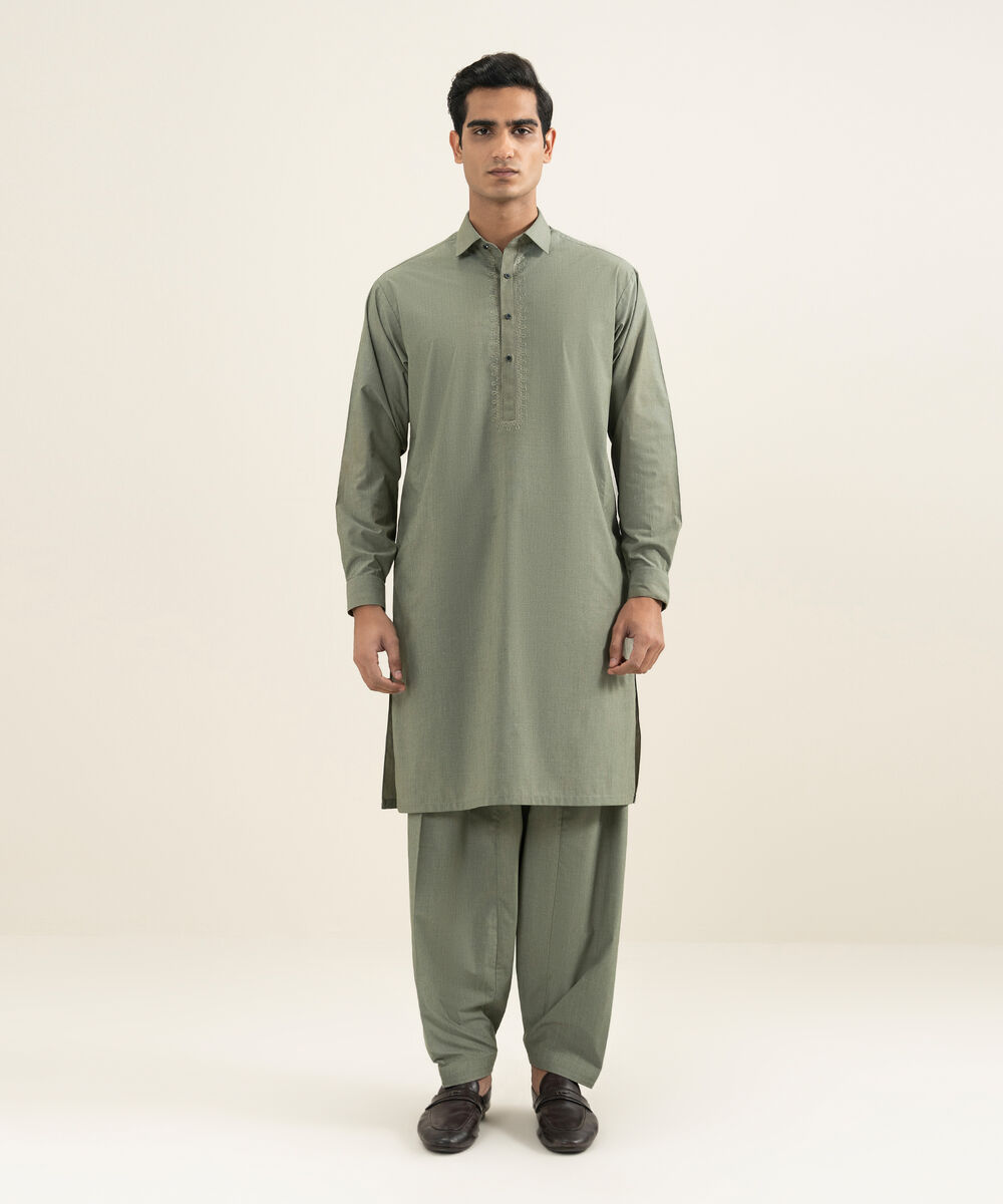 Men's light olive Blended Yarn Dyed Kameez Shalwar