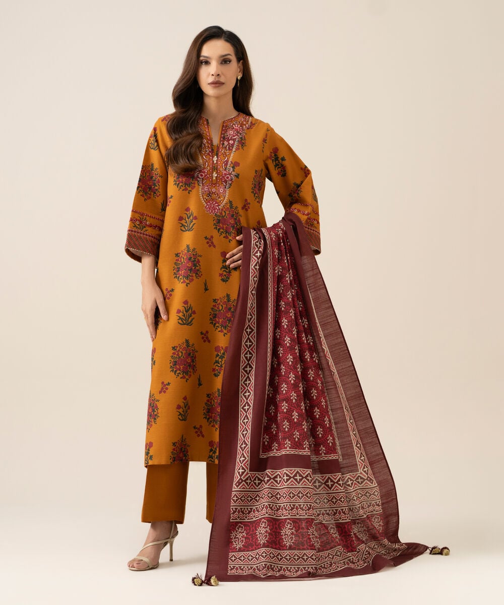 Women's Unstitched Light Khaddar Embroidered Burnt Orange 3 Piece Suit