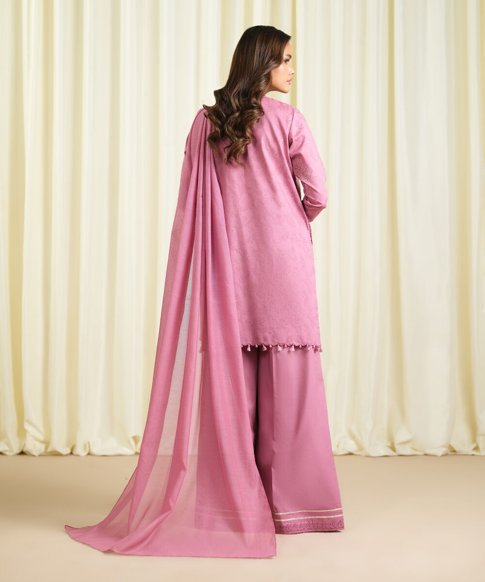 Women's Unstitched Cotton Jacquard Embroidered Pink 3 Piece Suit