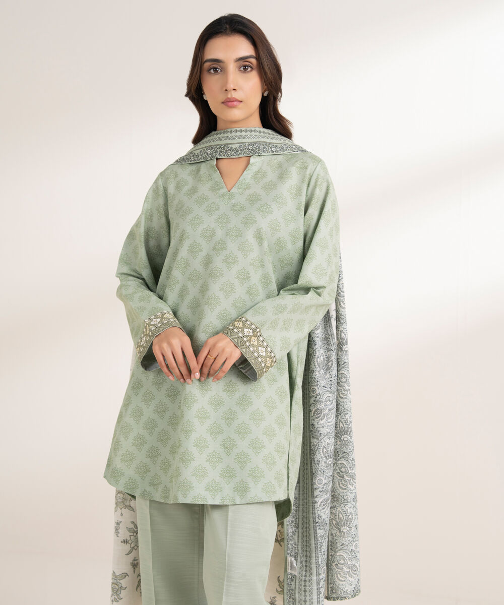 Women's RTW Khaddar Printed Green 3 Piece Suit
