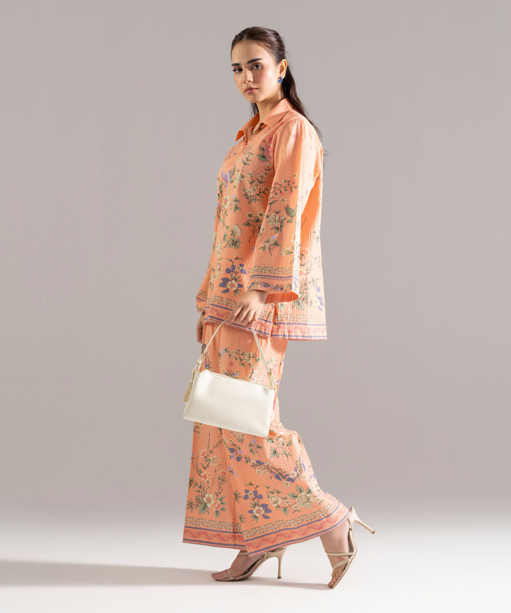 Women's RTW Seersucker Printed Peach 2 Piece Suit