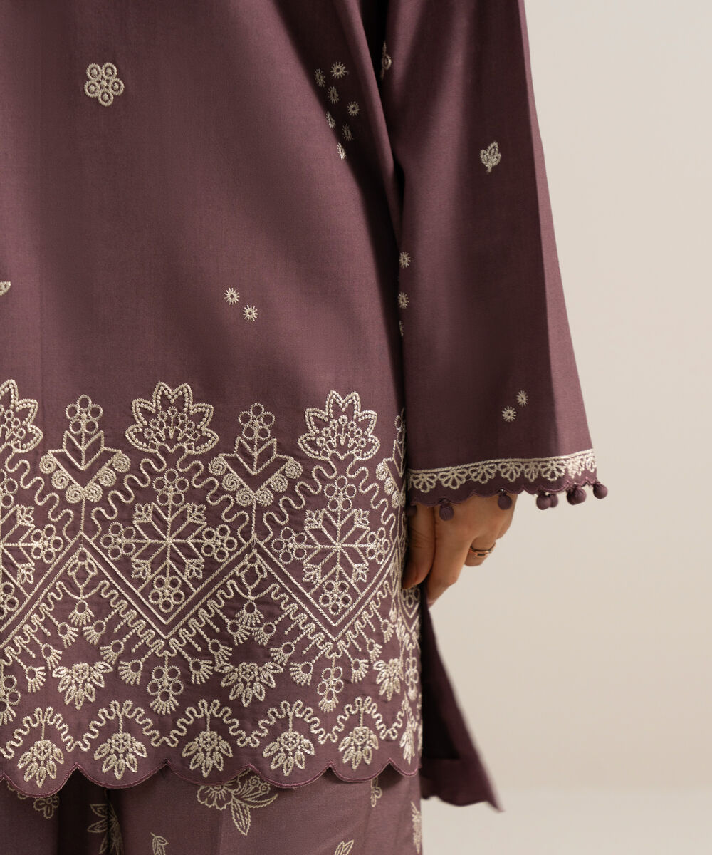 Women's Unstitched Embroidered Linen Purple 3 Piece Suit