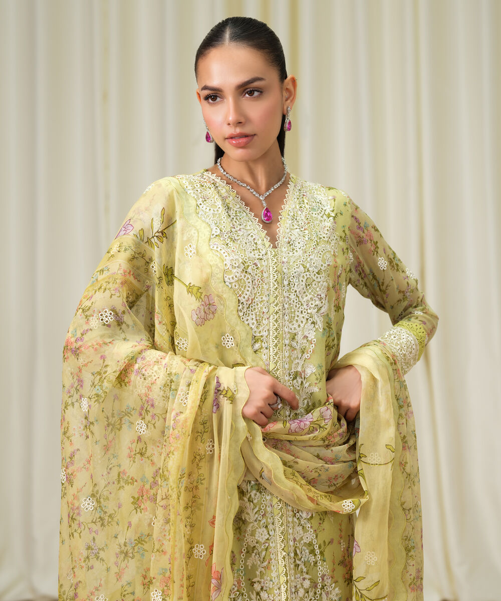 Women's Unstitched Blended Chiffon Embroidered Yellow  3 Piece Suit