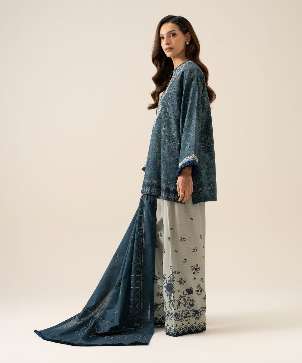Women's Unstitched Premium Khaddar Printed Blue 3 Piece Suit