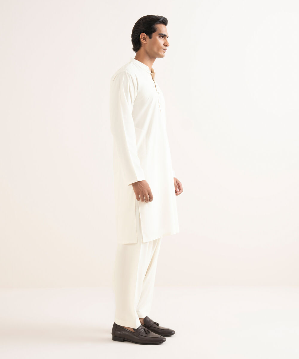 Men's Stitched Textured Wash & Wear Off White Suit