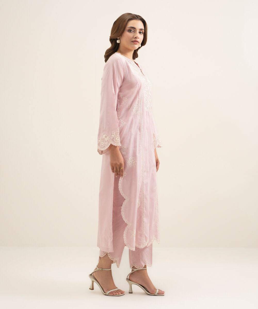 Women's RTW Self Jacquard Embroidered Pink Straight Shirt