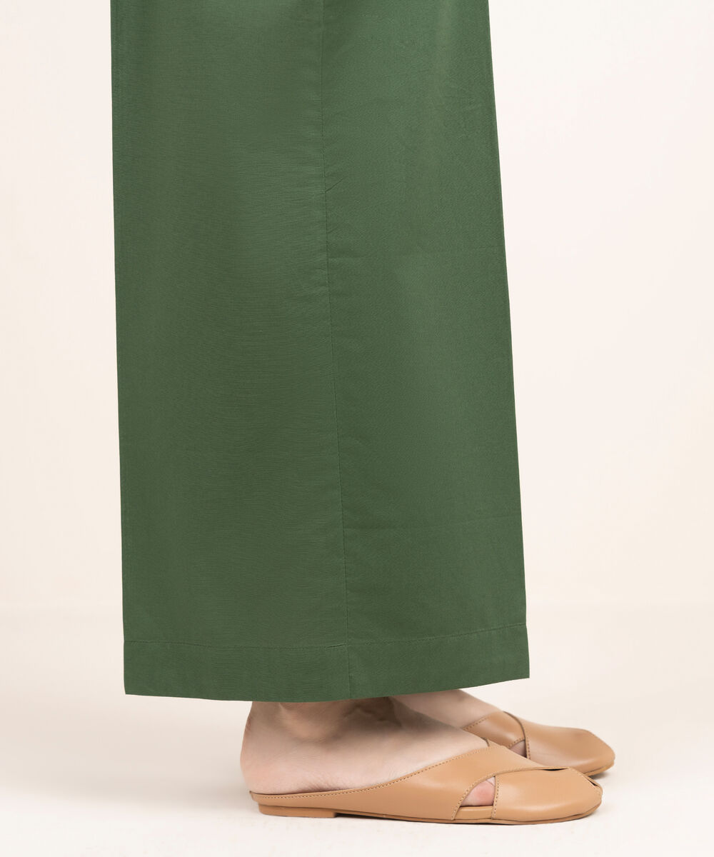 Women's RTW Cotton Solid Green Straight Pants