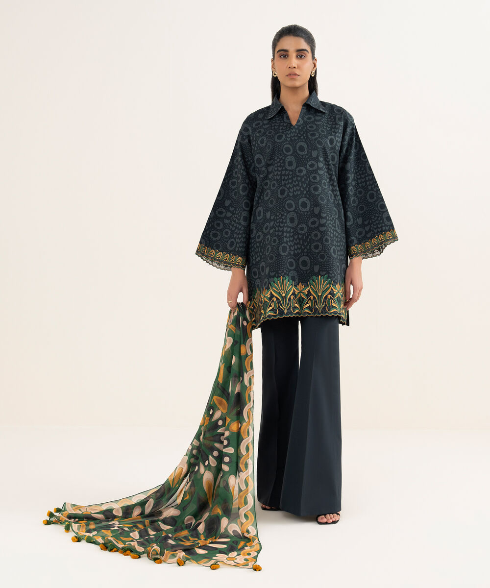 Women's Unstitched Lawn Embroidered Black  3 Piece Suit
