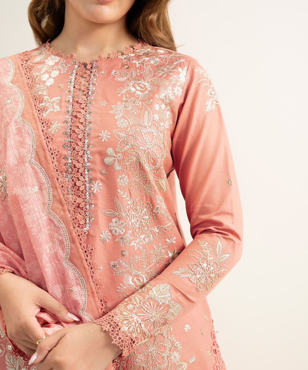 Women's Unstitched Fine Cotton Satin Embroidered Pink 3 Piece Suit