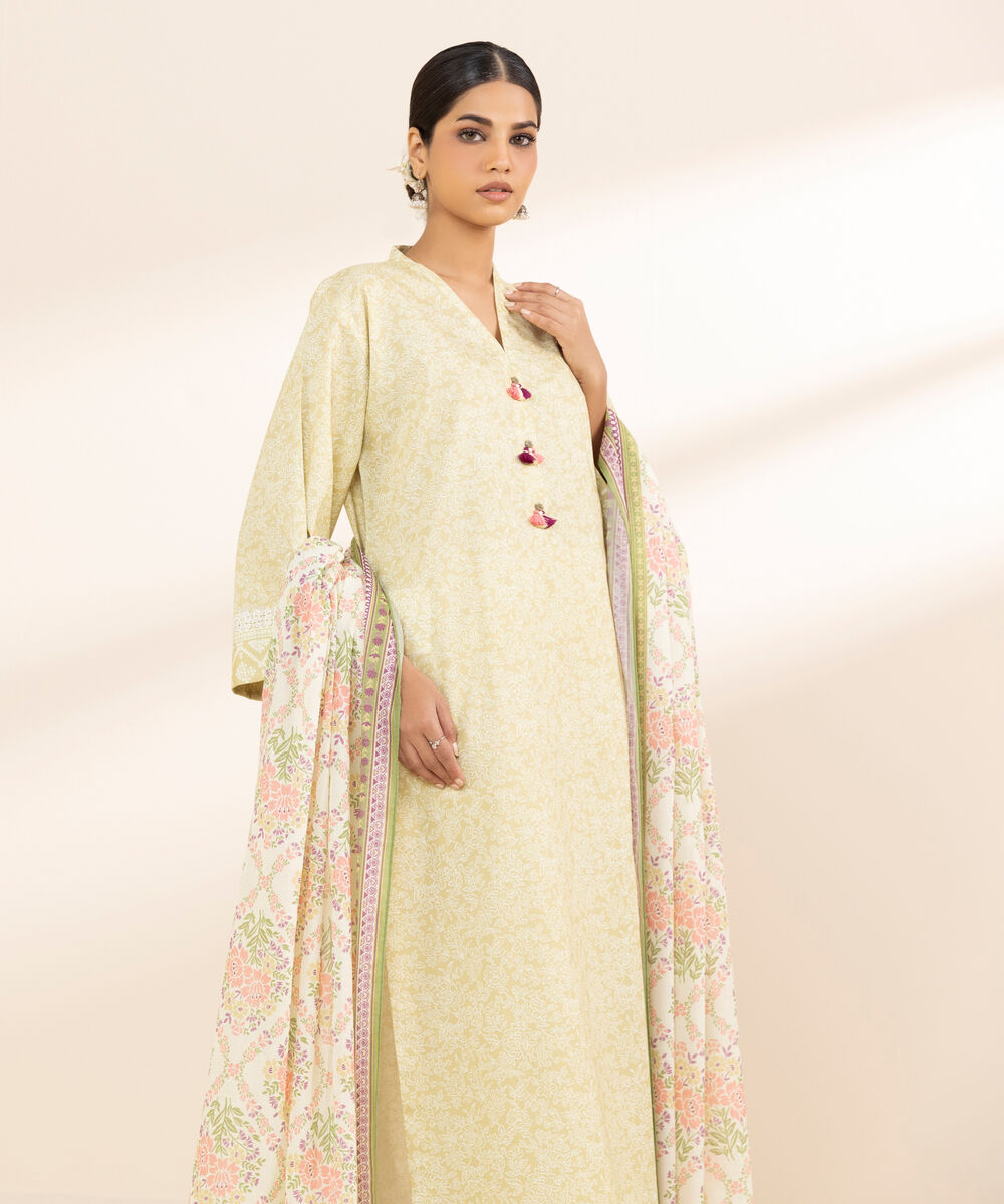 Women's Unstitched Lawn Printed Yellow 3 Piece Suit