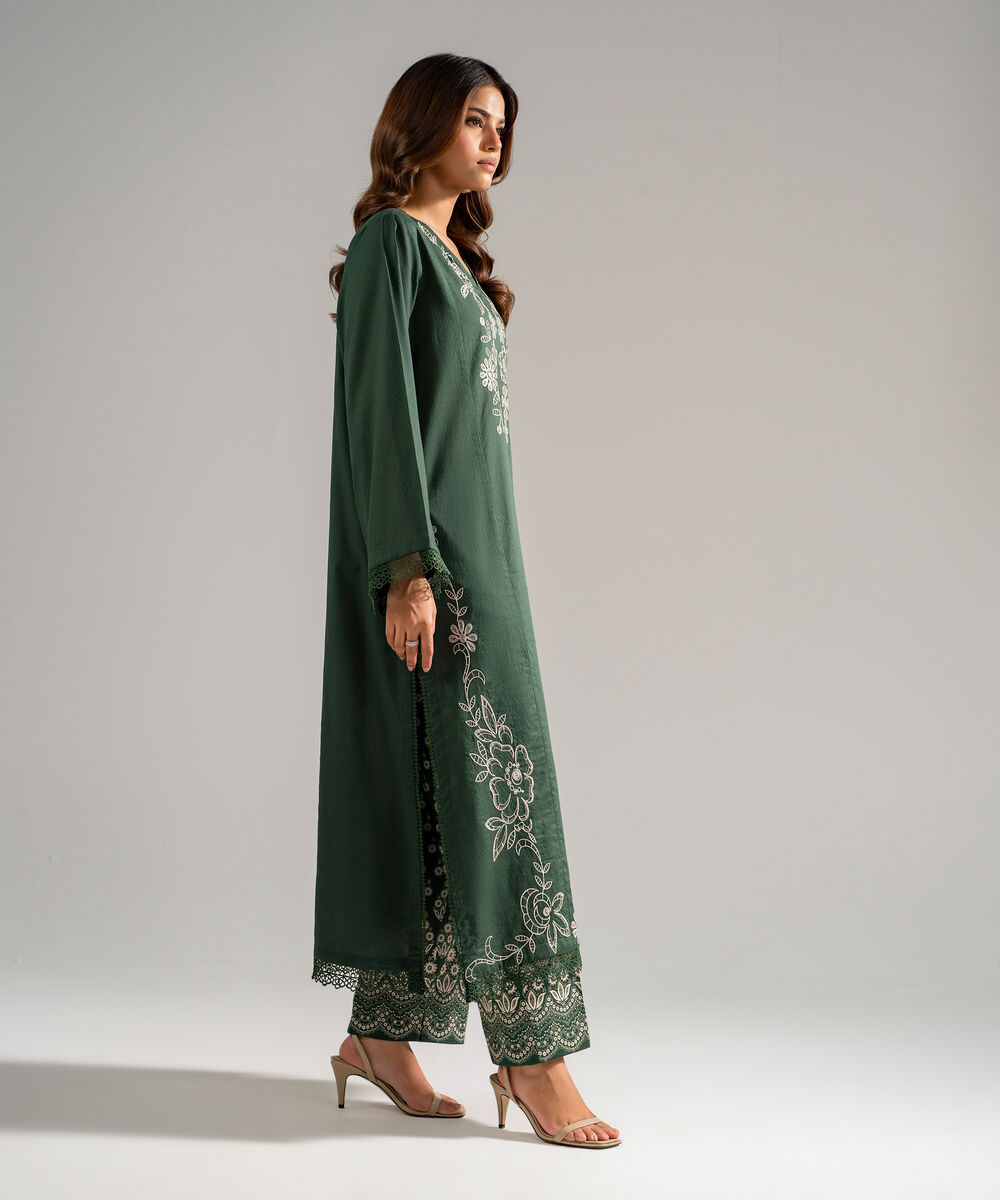Women's RTW Dobby Embroidered Green 2 Piece Suit