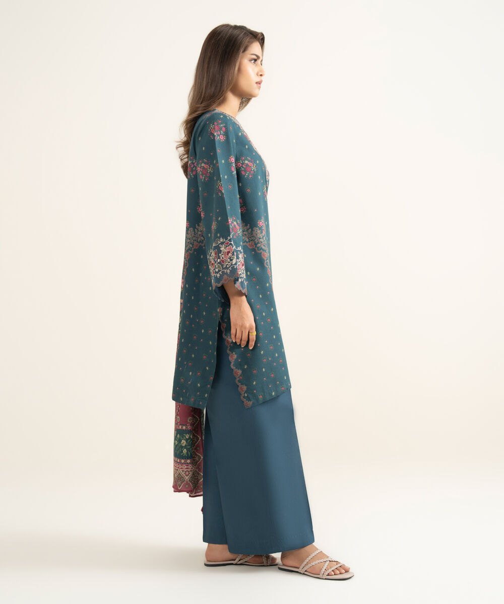 Women's Unstitched Lawn Embroidered Blue 3 Piece Suit