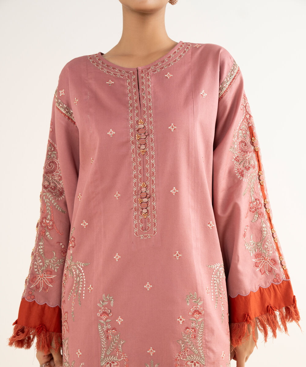 Women's Unstitched Twill Embroidered Pink 3 Piece Suit