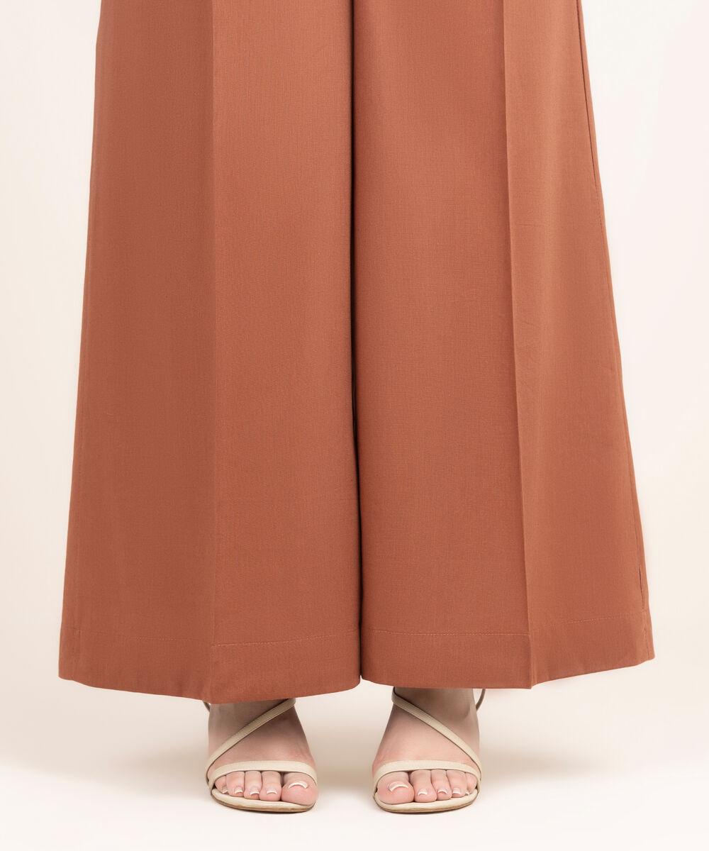 Women's RTW Cotton Viscose Solid Brown Flared Pants