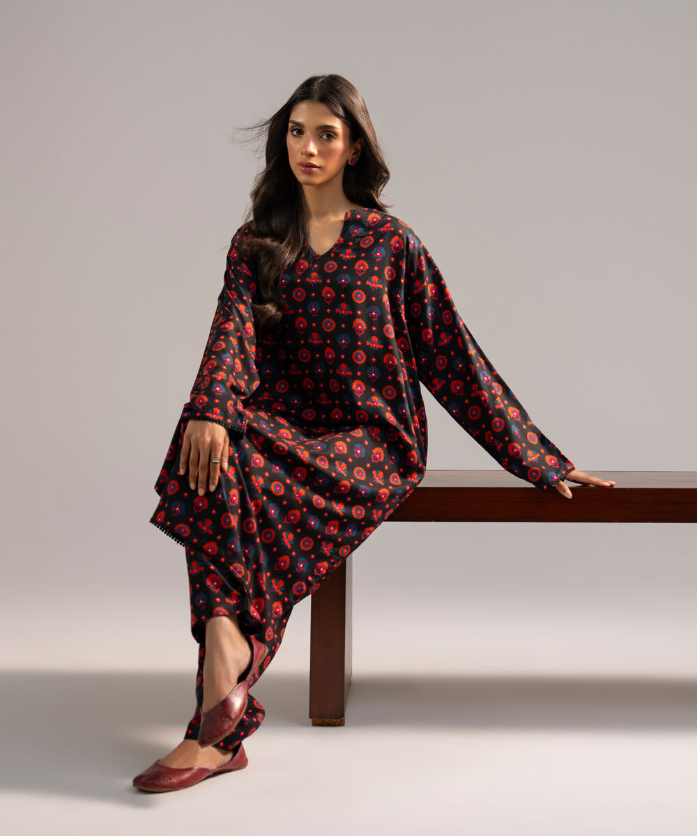 Women's RTW Arabic Lawn Printed Black 2 Piece Suit