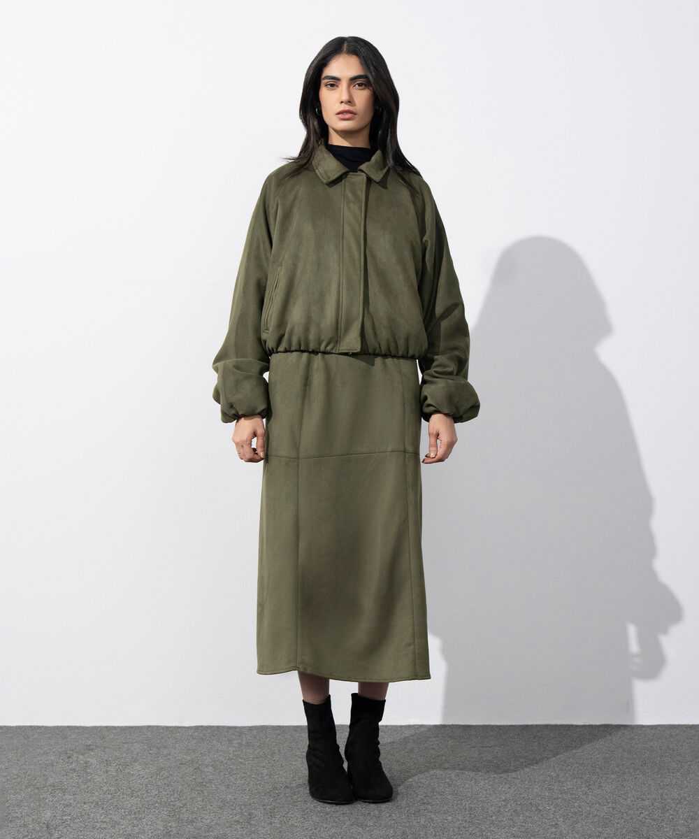 Women's Western Wear Green Faux Suede Bomber Jacket