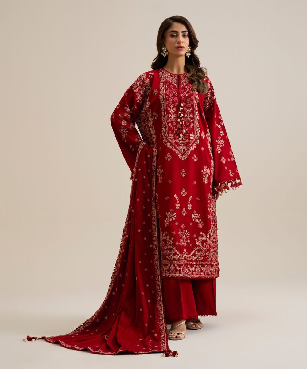 Womens Unstitched Marina Embroidered Red 3 Piece Suit
