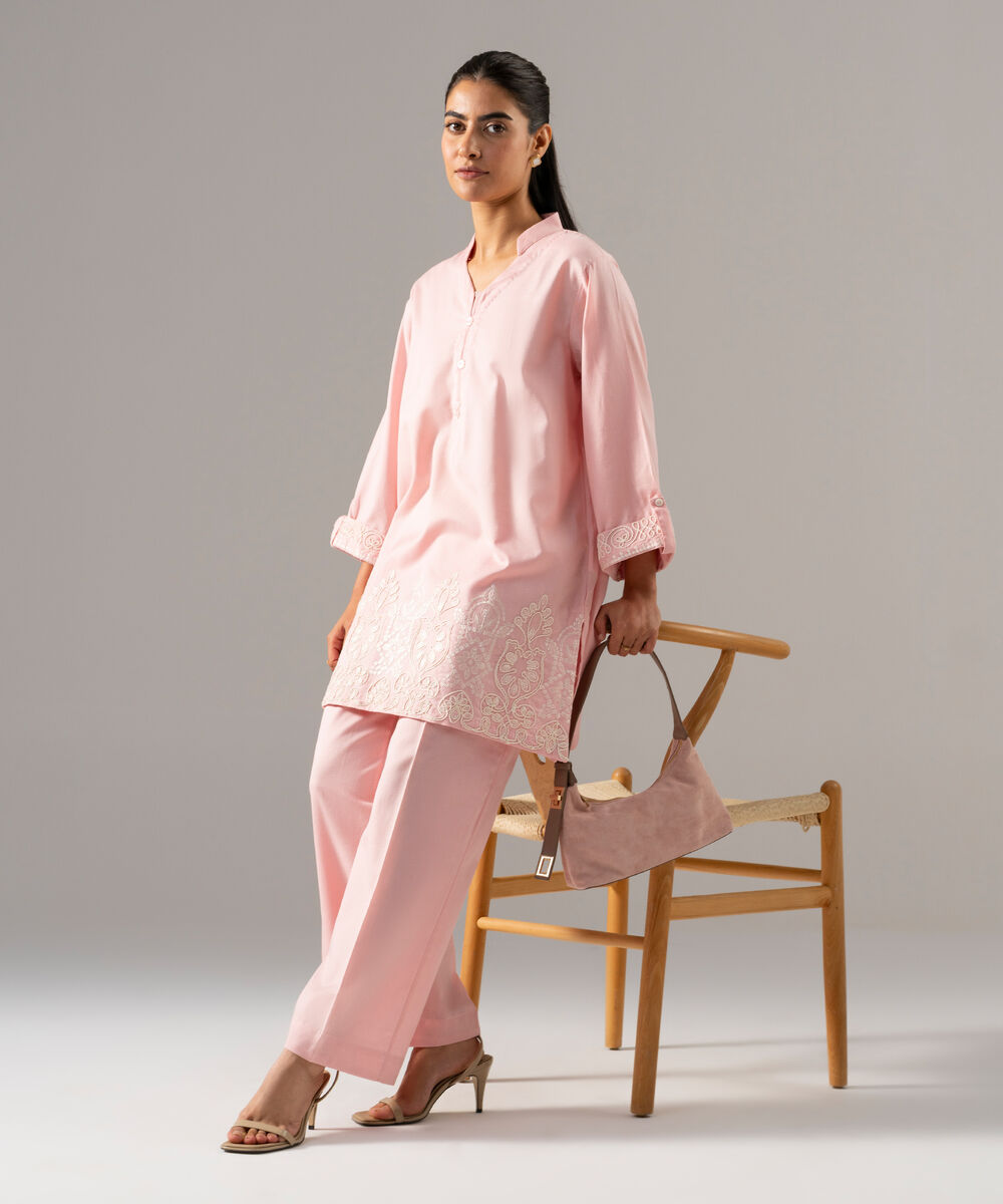 Women's RTW Cotton Linen Embroidered Pink 2 Piece Suit